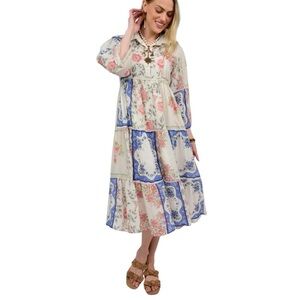 SISTER MARY Floral Cottagecore Boho Scalloped Collar Midi Length Cotton Dress